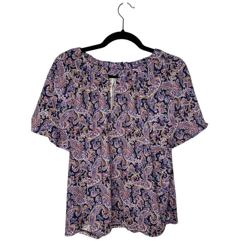 LOFT Paisley‎ Print Top Blouse Womens Medium Short Sleeve Keyhole Button